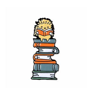 Cute Bookish Theme Enamel Pin/Brooches, "Hedgehog Reads."